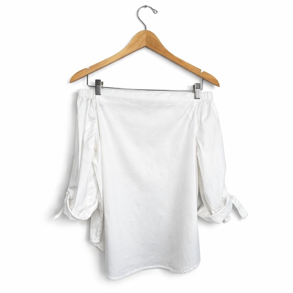 J.McLaughlin Tops - J McLaughlin Off Shoulder Blouse White Size S Tie Sleeve Preppy Coastal